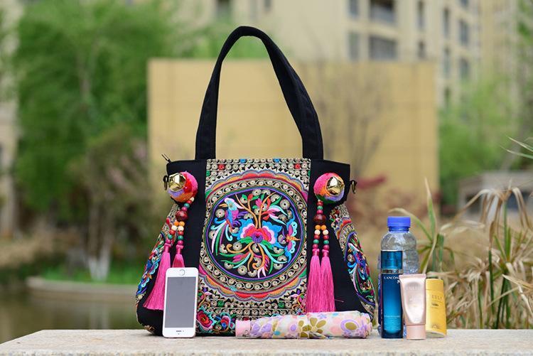 Style Embroidery Versatile Canvas Oblique Tassel Shoulder Bag