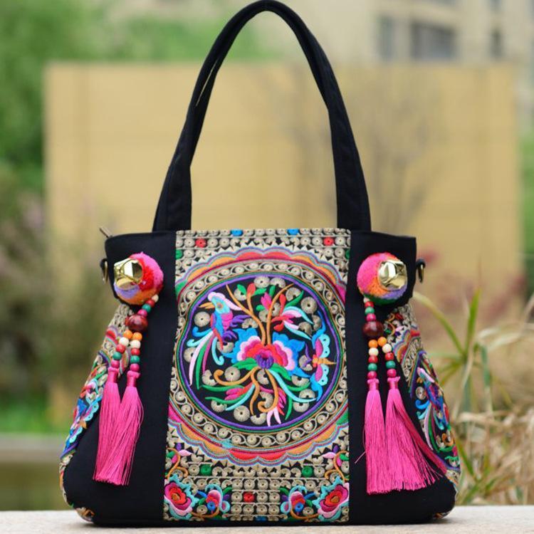 Style Embroidery Versatile Canvas Oblique Tassel Shoulder Bag