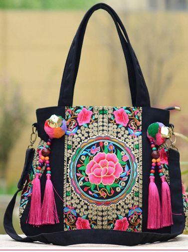 Style Embroidery Versatile Canvas Oblique Tassel Shoulder Bag