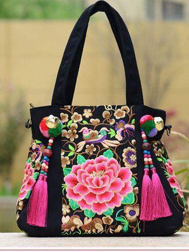 Style Embroidery Versatile Canvas Oblique Tassel Shoulder Bag