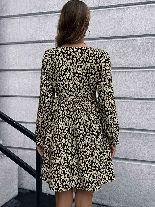 Animal Print Buttoned V-Neck Long Sleeve Dress