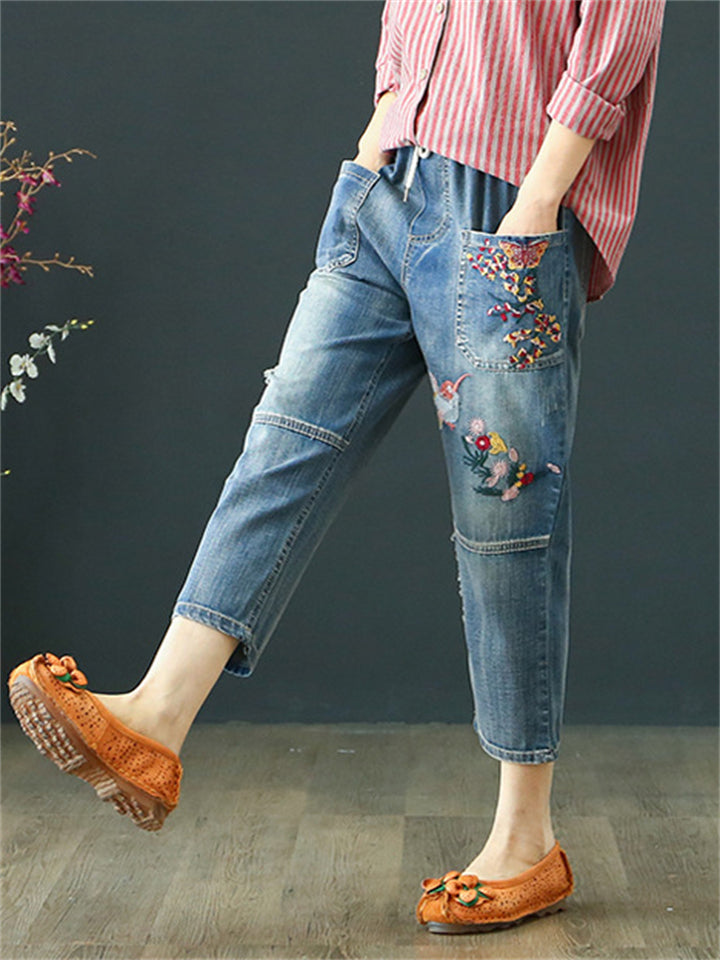 Vintage Splicing Bird Floral Embroidery Women's Ripped Jeans