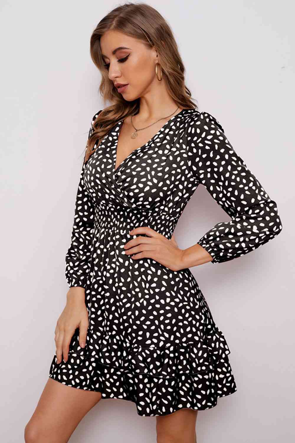 Printed Surplice Neck Puff Sleeve Ruffle Hem Dress