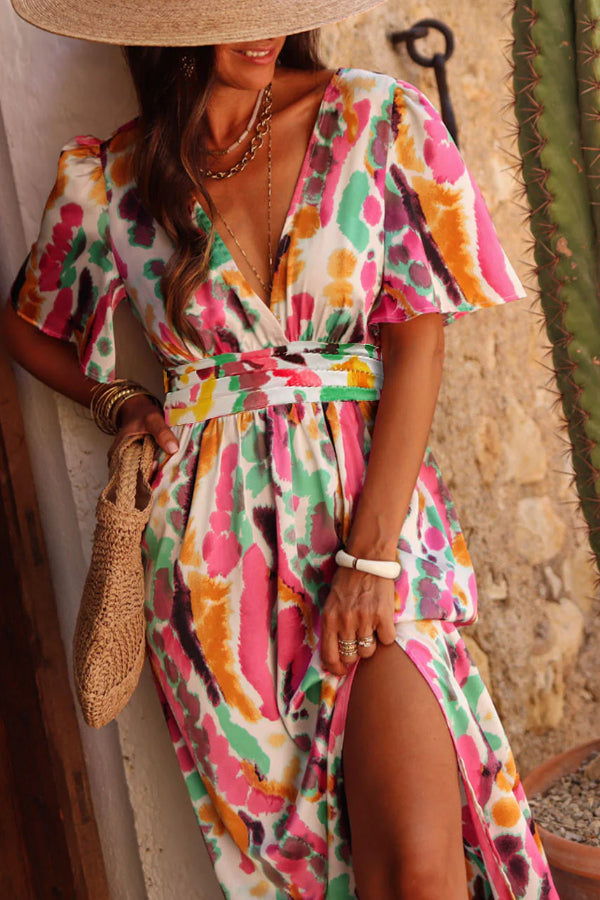 Ivyshape | Tie-Dye Print V-Neck Maxi Dress