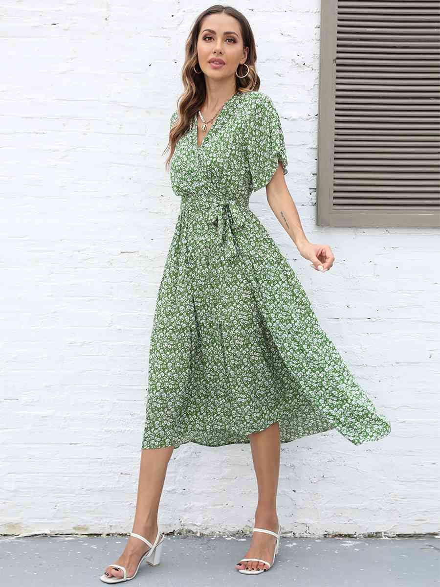 Ditsy Floral Tie-Waist Short Sleeve V-Neck Dress