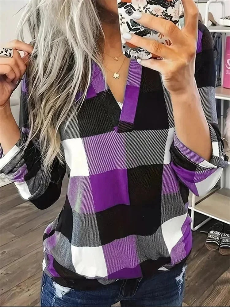 Casual Plaid V-Neck Blouse for Women