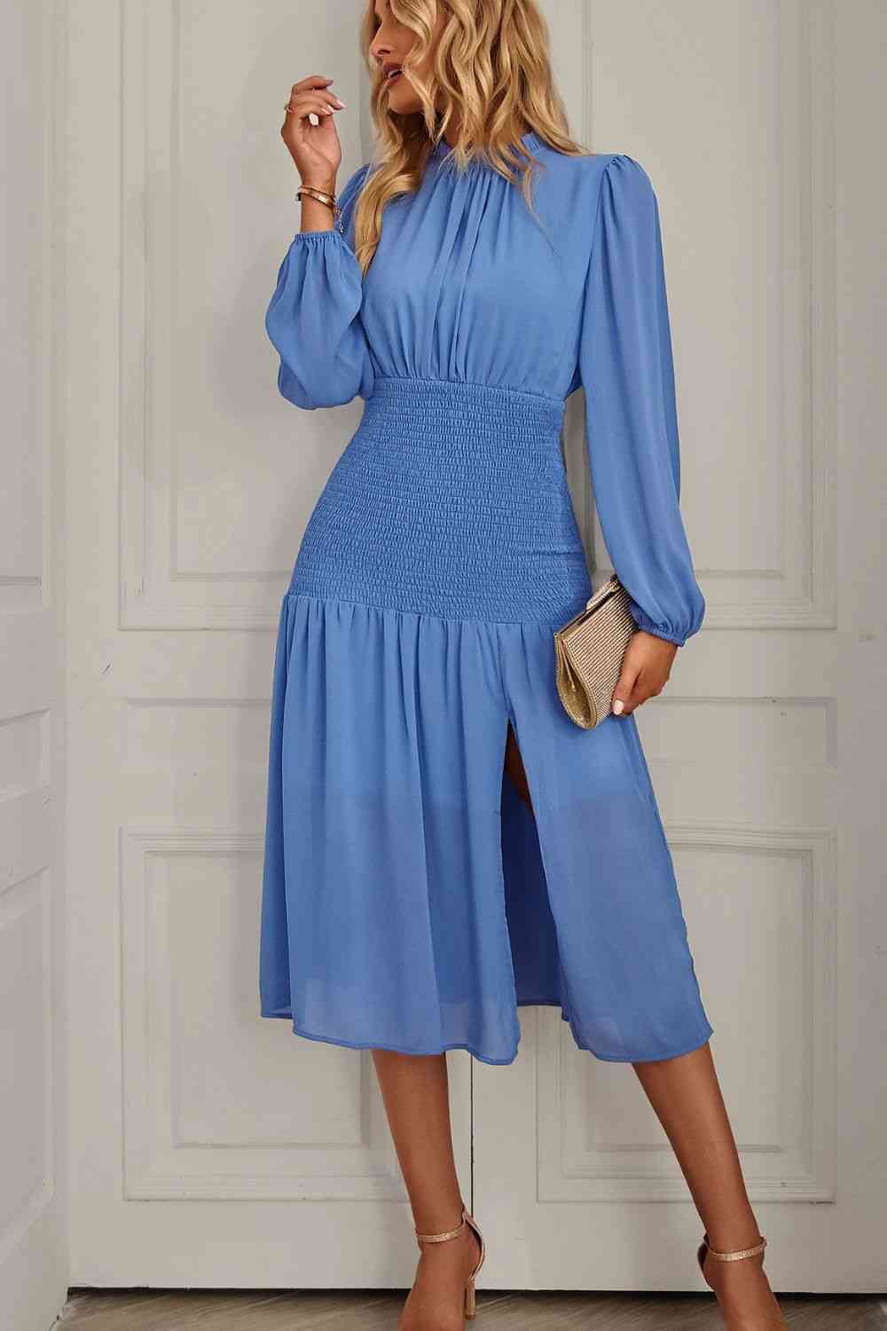 Slit Smocked Mock Neck Puff Sleeve Midi Dress