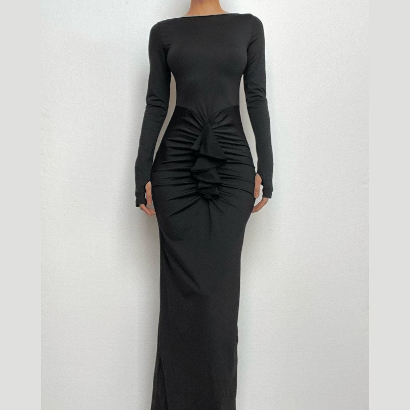 Ruched long sleeve solid gloves round neck maxi dress