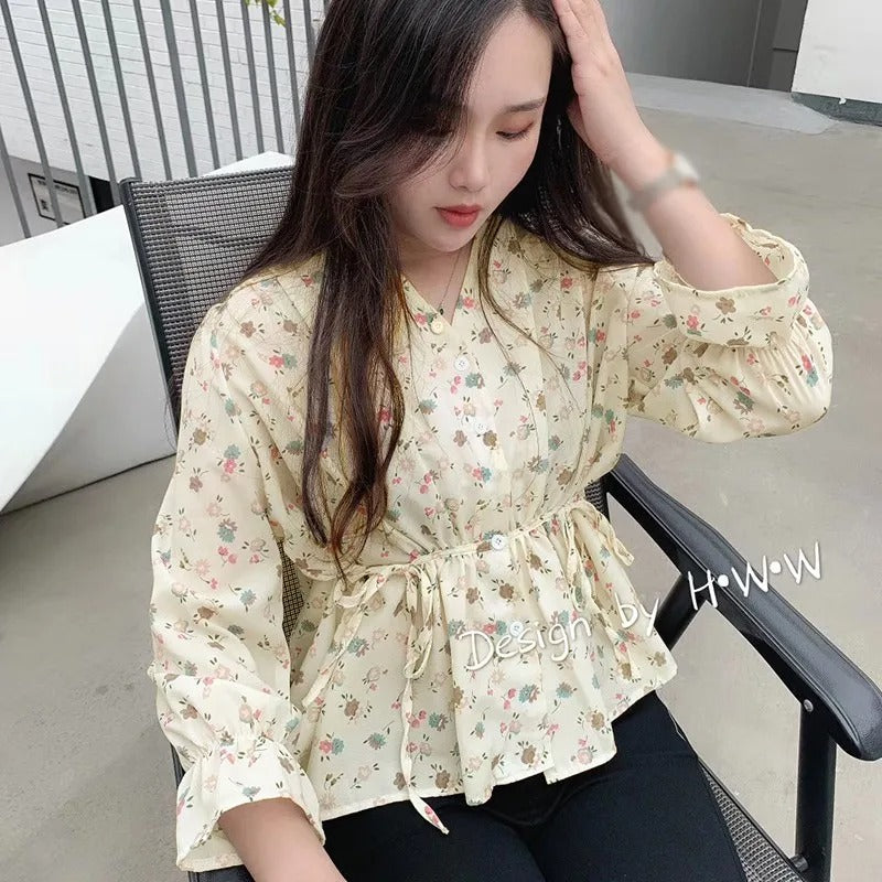 Sweet Floral V-Neck Chiffon Blouse for Women