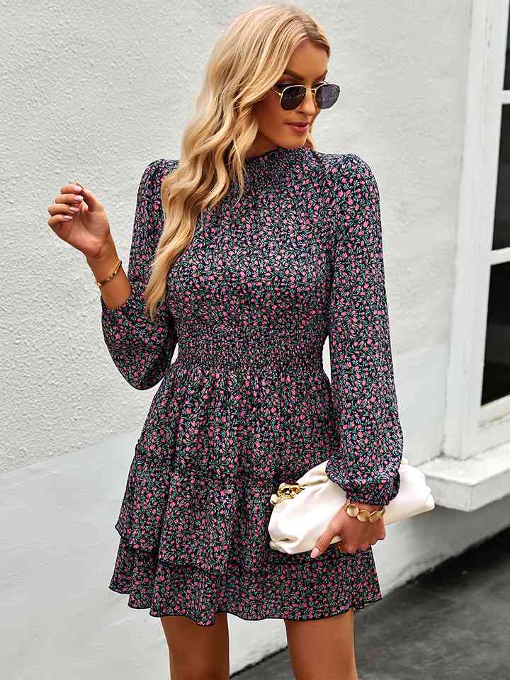 Floral Ruffle Collar Smocked Waist Layered Dress