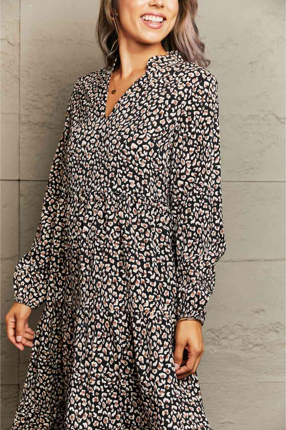 Notched Neck Long Sleeve Midi Dress