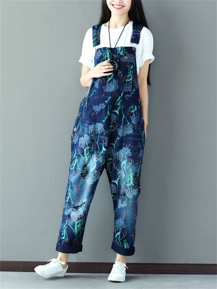 Casual Printed Pockets Denim Jumpsuits