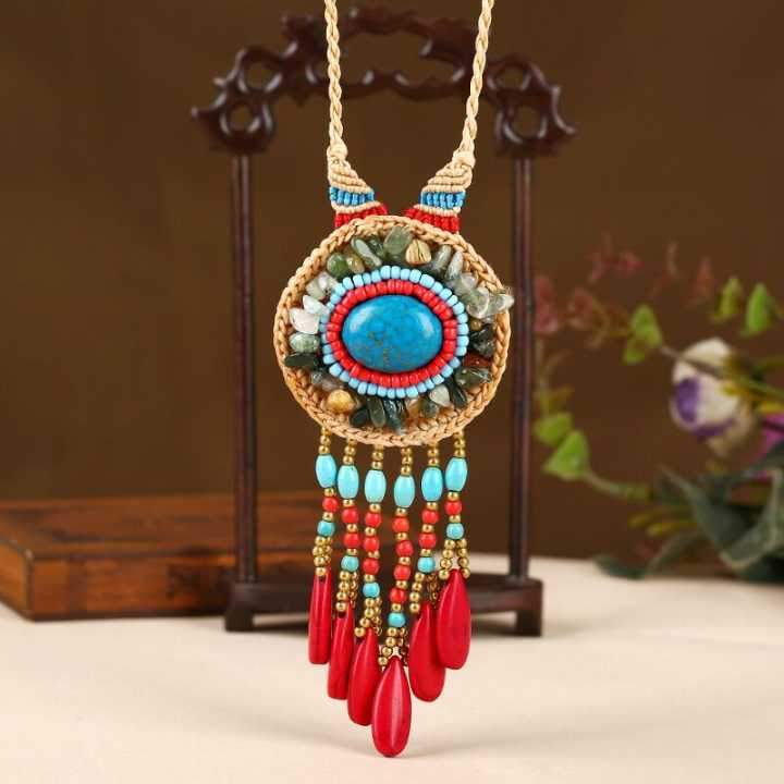 woven Folk Style Tibet Turquoise Spike Long Necklace