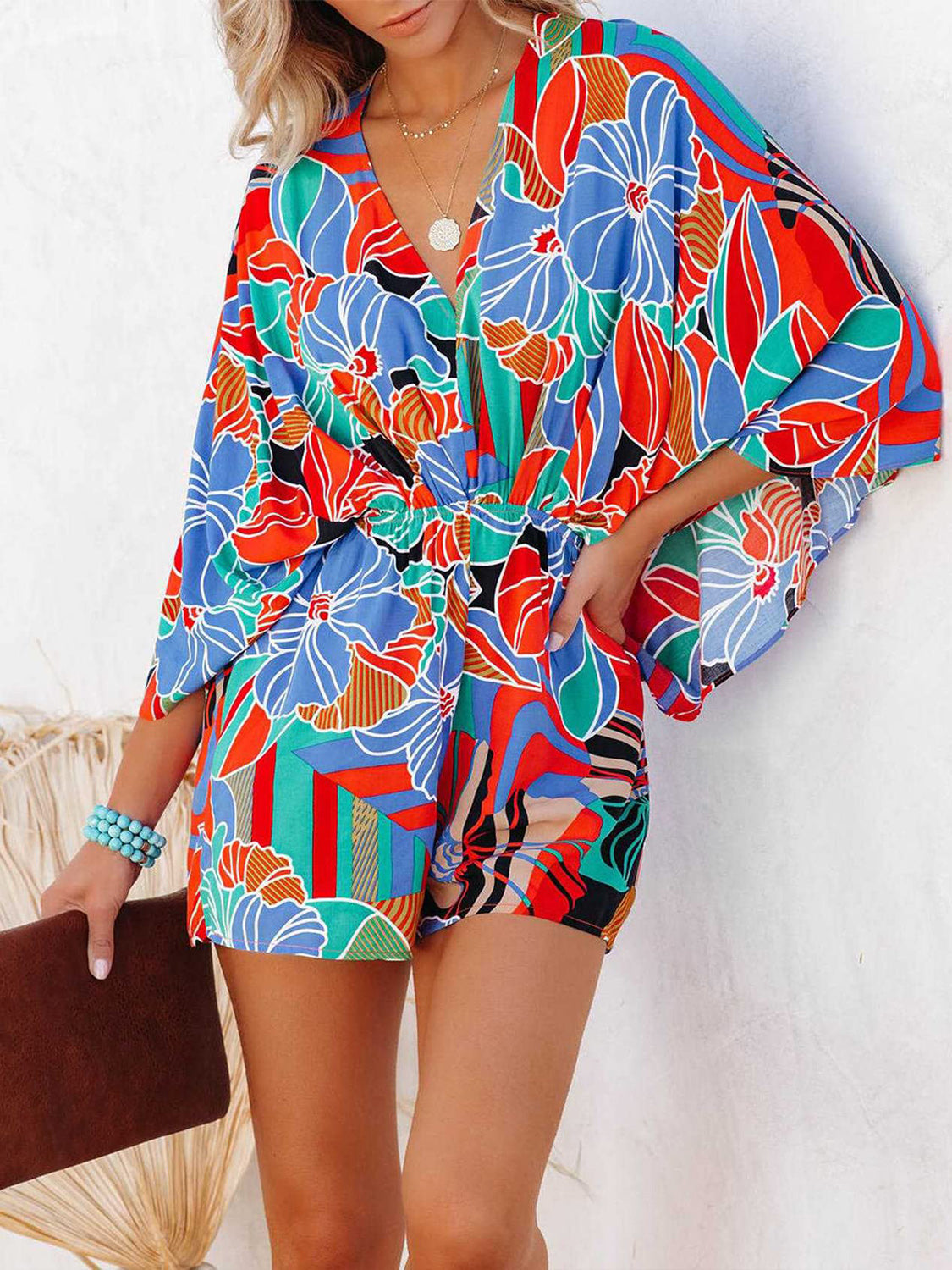 Ivyshape | Tied Printed Kimono Sleeve Romper