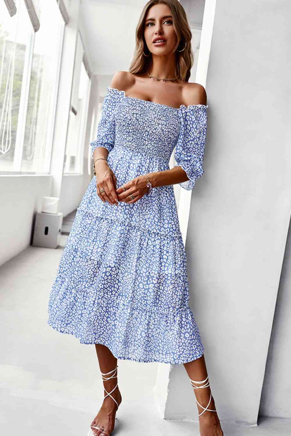 Ditsy Floral Off-Shoulder Smocked Midi Dress