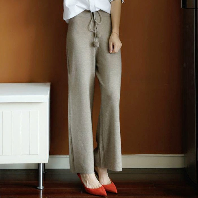 Ivyshape | Waisted Wide-Leg Cashmere Pants