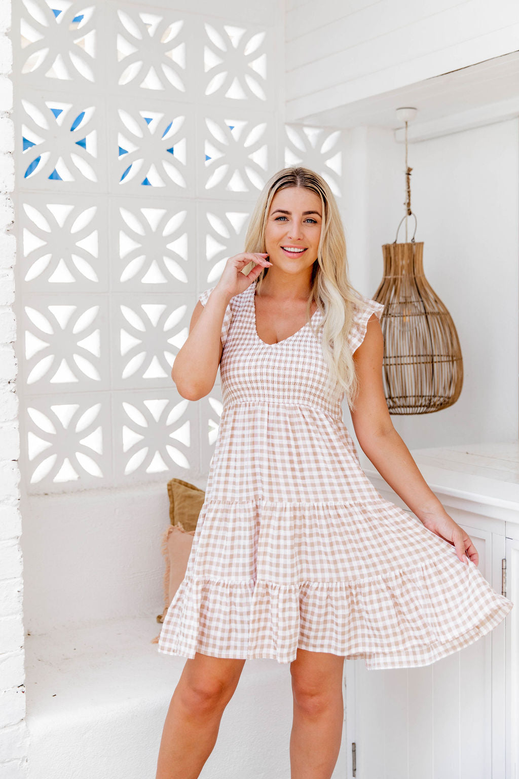 Samira Dress - Light Nude Gingham