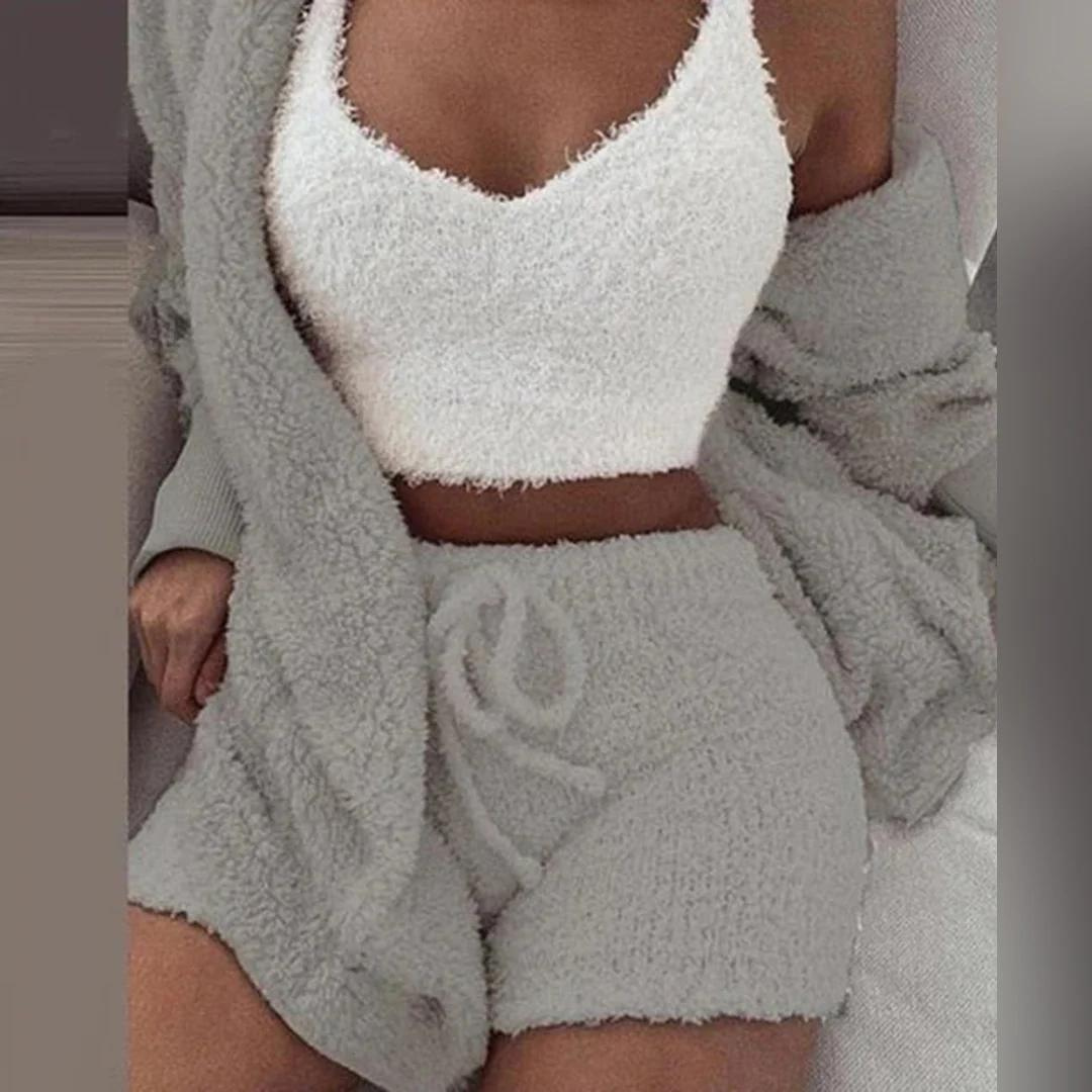 Ivyshape | Women's Plush Crop Top Set Shorts