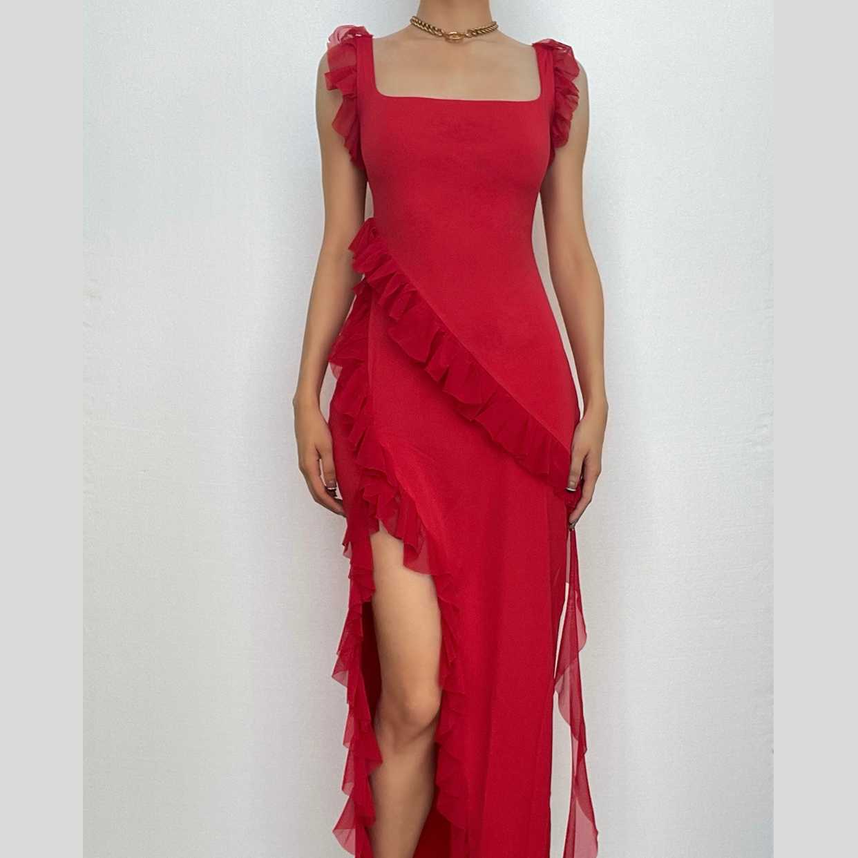 Ruffle cap sleeve slit square neck irregular solid maxi dress