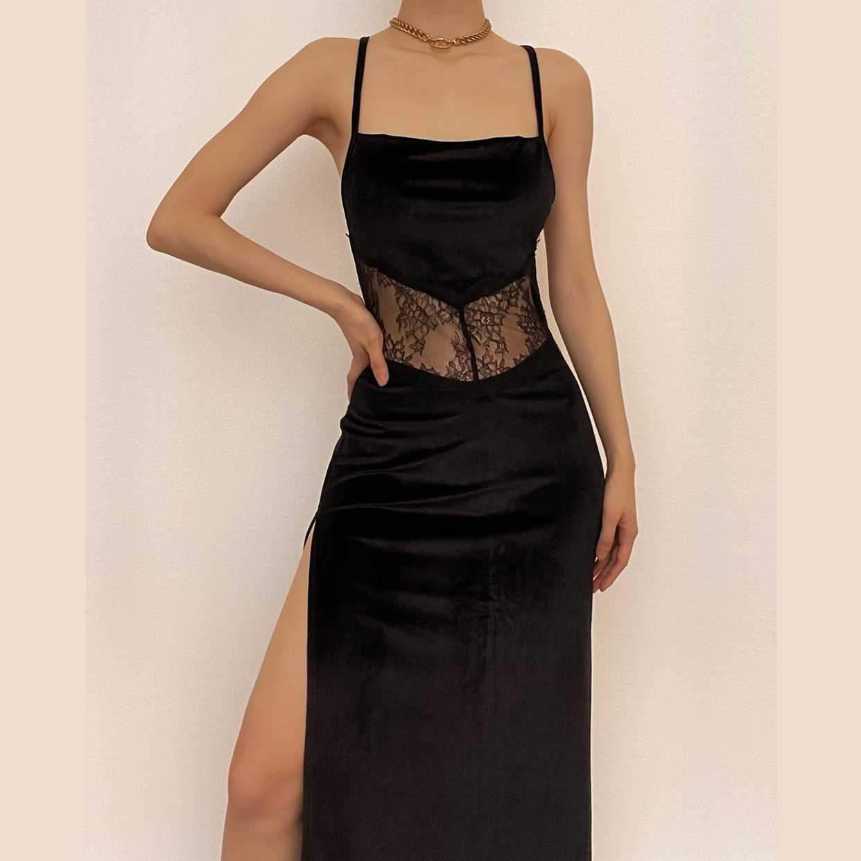 Cowl neck lace hem slit backless velvet cross back midi dress