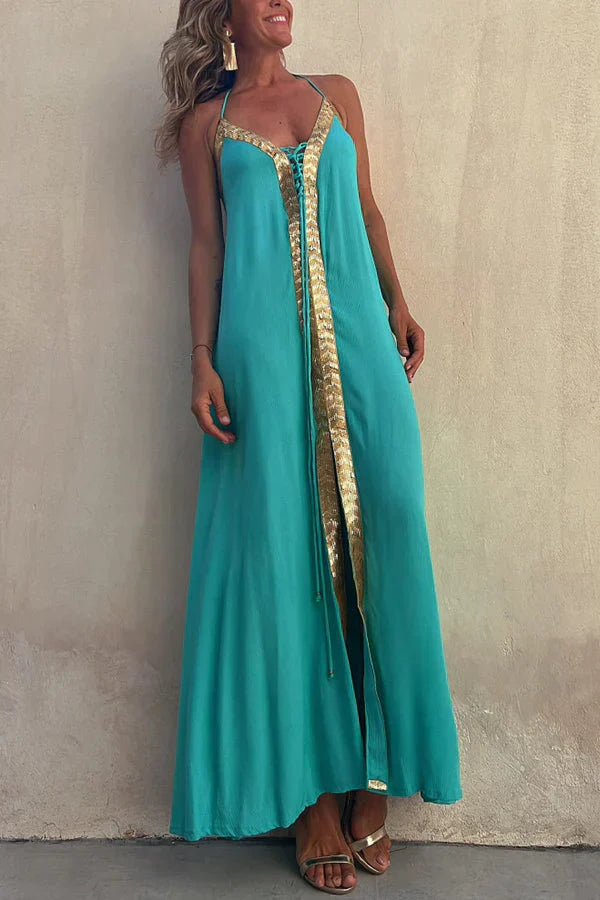 Ivyshape | Women's Gold Accent Long Gown Slit