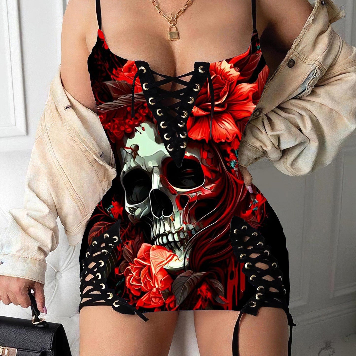 Skull Rose Printed Sexy V-neck Eyelet Lace-up Suspension Dress