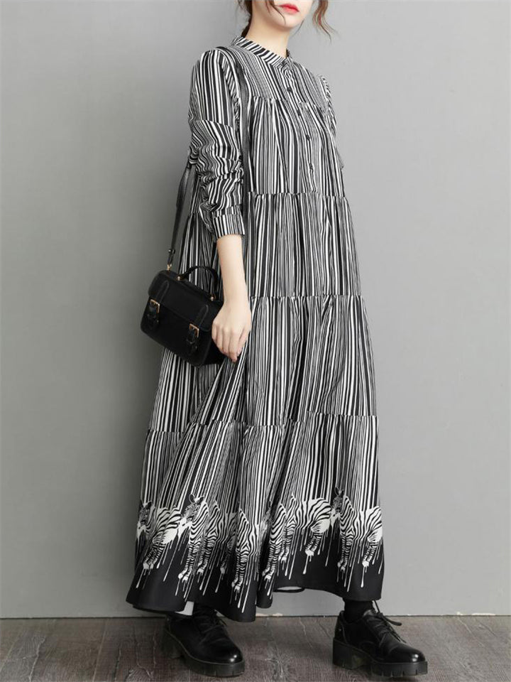 French Style Stripe Zebra Print Long Dress