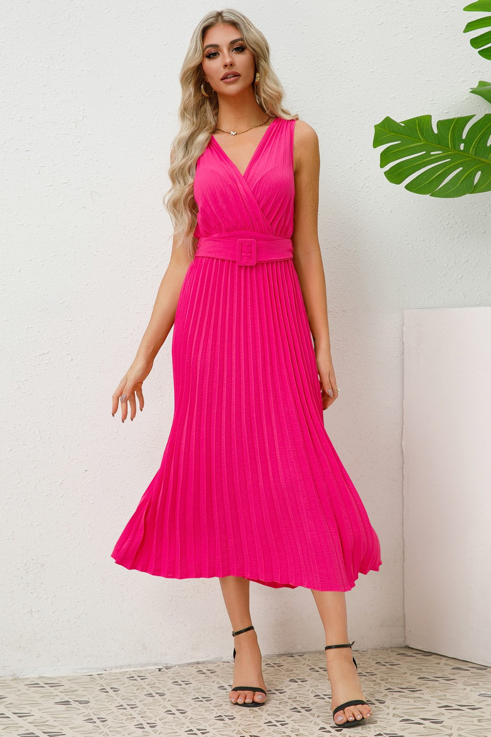 Ivyshape | Surplice Sleeveless Midi Pleated Dress