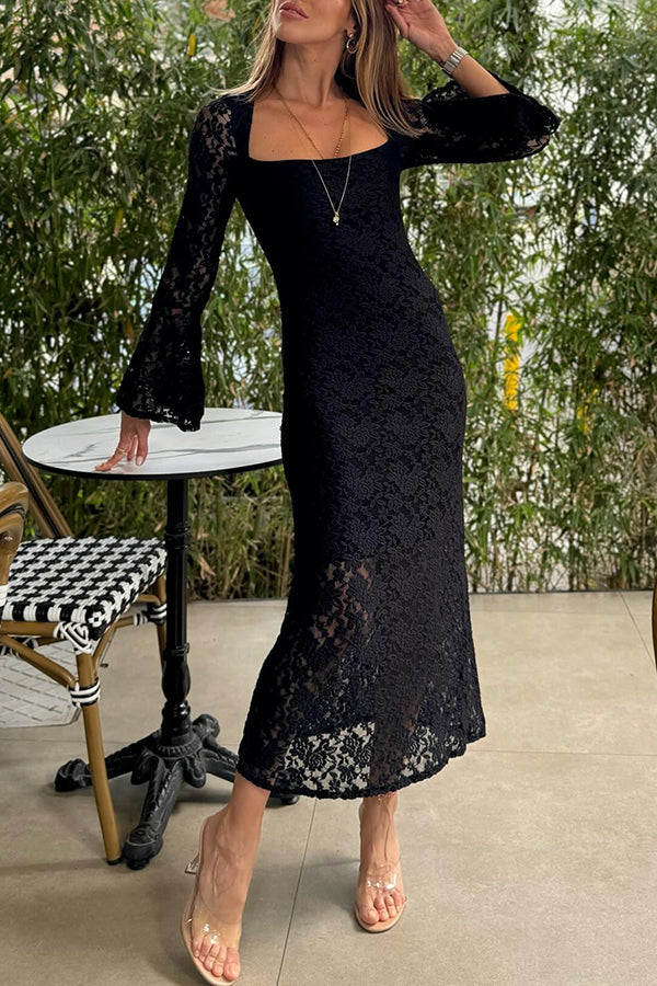 Ivyshape | Lifestyle Lace Square Neck Bell Sleeve Lined Slit Midi Dress