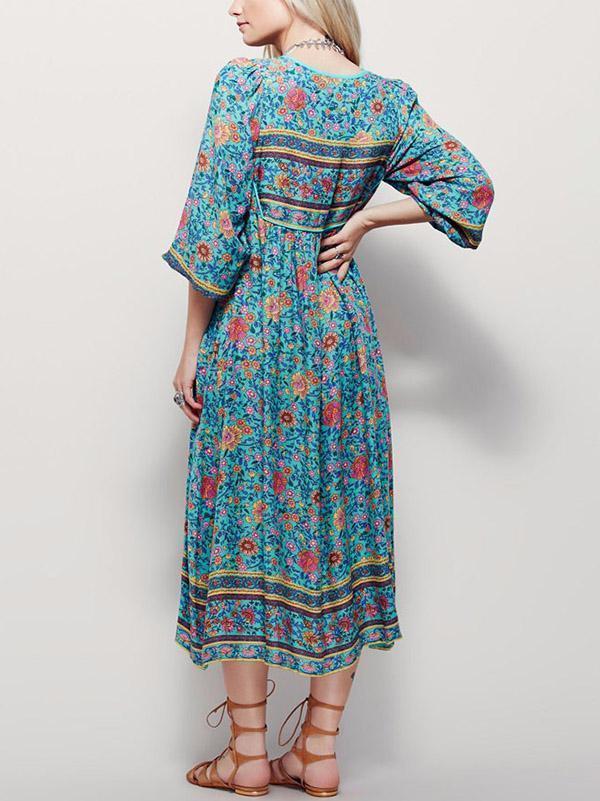 Blue Floral 3/4 Sleeve Bohemia Dress Maxi Dress