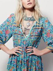 Blue Floral 3/4 Sleeve Bohemia Dress Maxi Dress