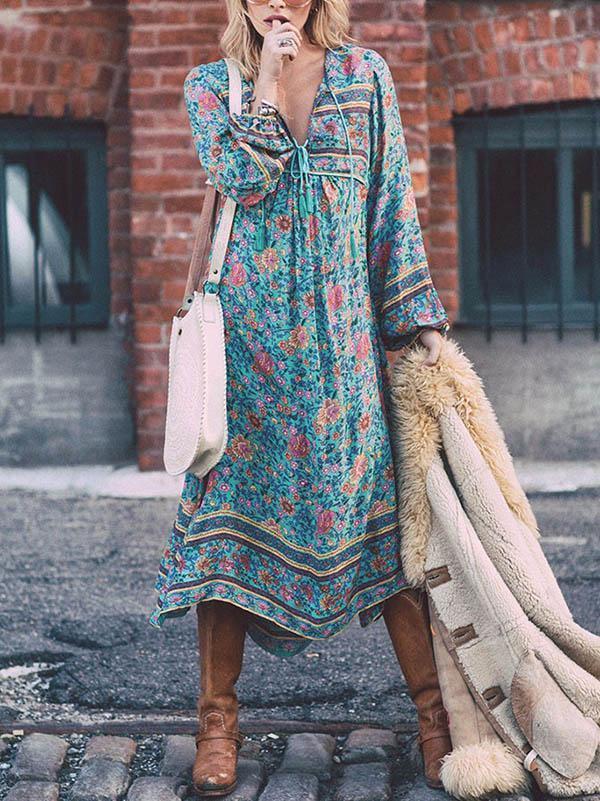 Blue Floral 3/4 Sleeve Bohemia Dress Maxi Dress