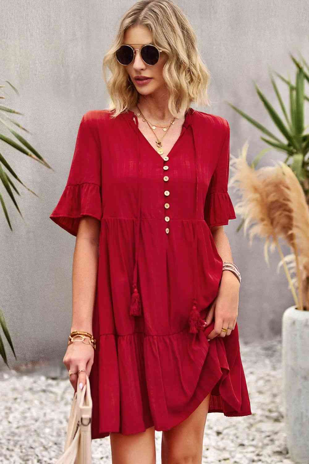 Tie Neck Buttoned Flounce Sleeve Dress