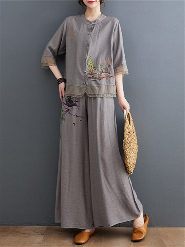 Floral Embroidered Shirt + Wide Leg Pants Female Two Piece Set