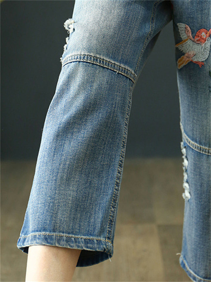 Vintage Splicing Bird Floral Embroidery Women's Ripped Jeans