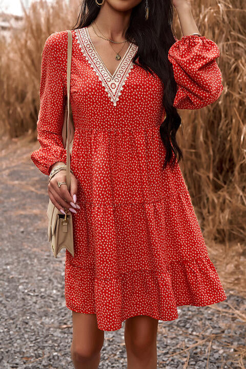 Lace Trim V-Neck Long Sleeve Dress