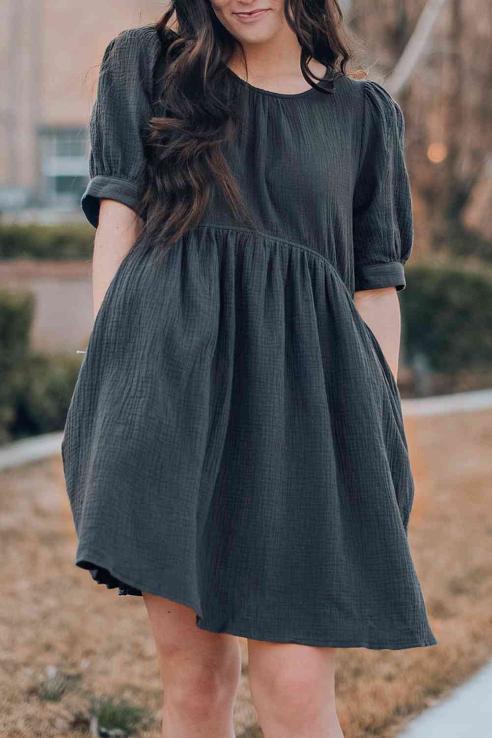 Round Neck Puff Sleeve Dress with Pockets