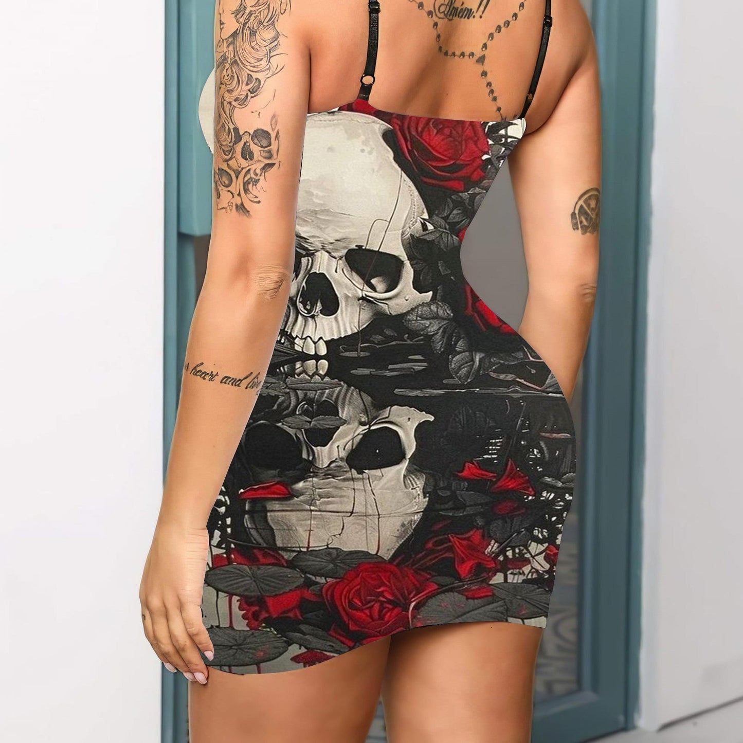 Skull Rose Reflection Printed Sexy V-neck Eyelet Lace-up Suspender Dress