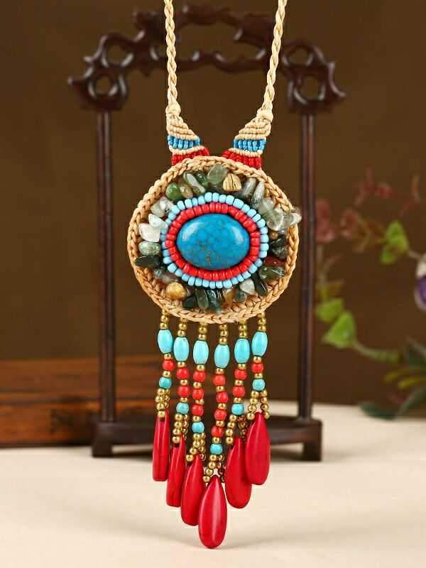 woven Folk Style Tibet Turquoise Spike Long Necklace