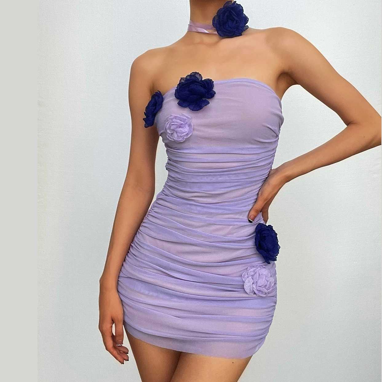 Ruched mesh flower applique backless tube mini dress