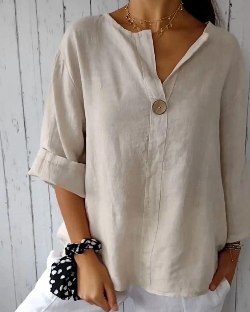 Ivyshape | V-Neck Cotton And Linen Button Top