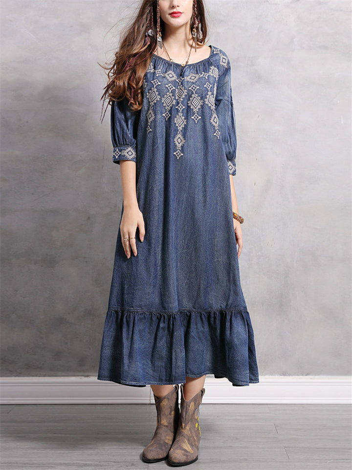 Diamond Embroidery Half Sleeve Ruffle Blue Denim Dress