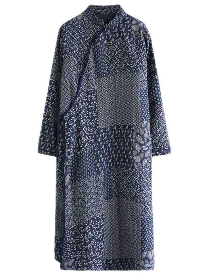 Vintage Square Print Plush Liner Straight Long Dress