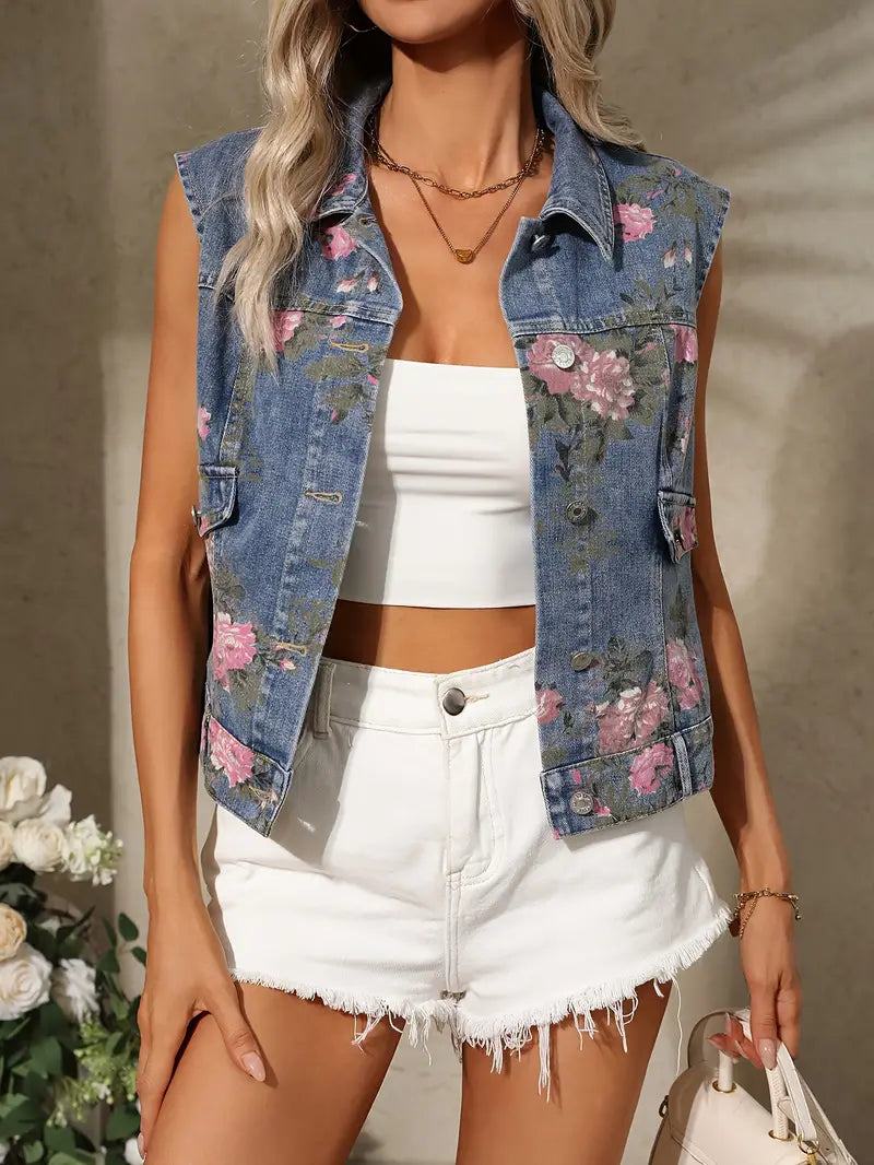 Ivyshape | Women’s denim vest with floral pattern and sleeveless