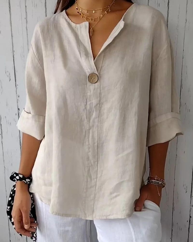 Ivyshape | V-Neck Cotton And Linen Button Top