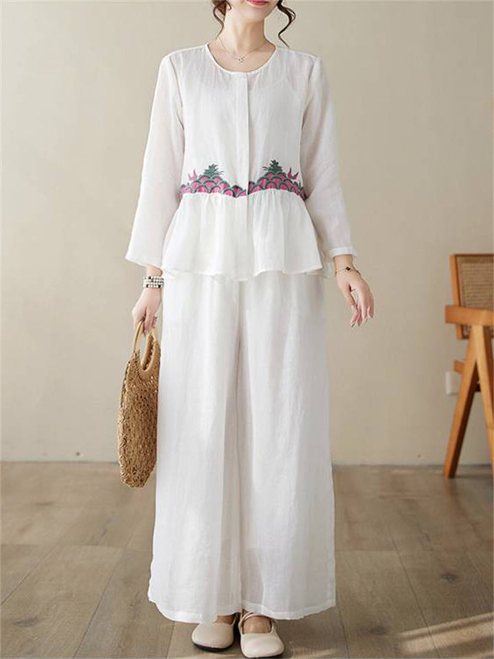 Female Button Up Embroidered Shirt Elastic Waist Pants Set