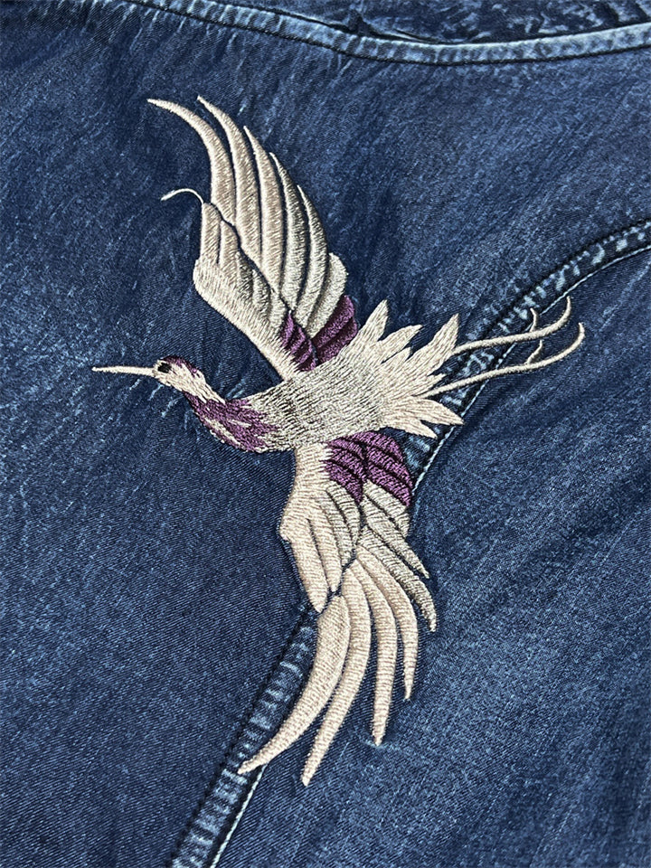 Flying Bird Embroidery V-Neck Blue Denim Dress