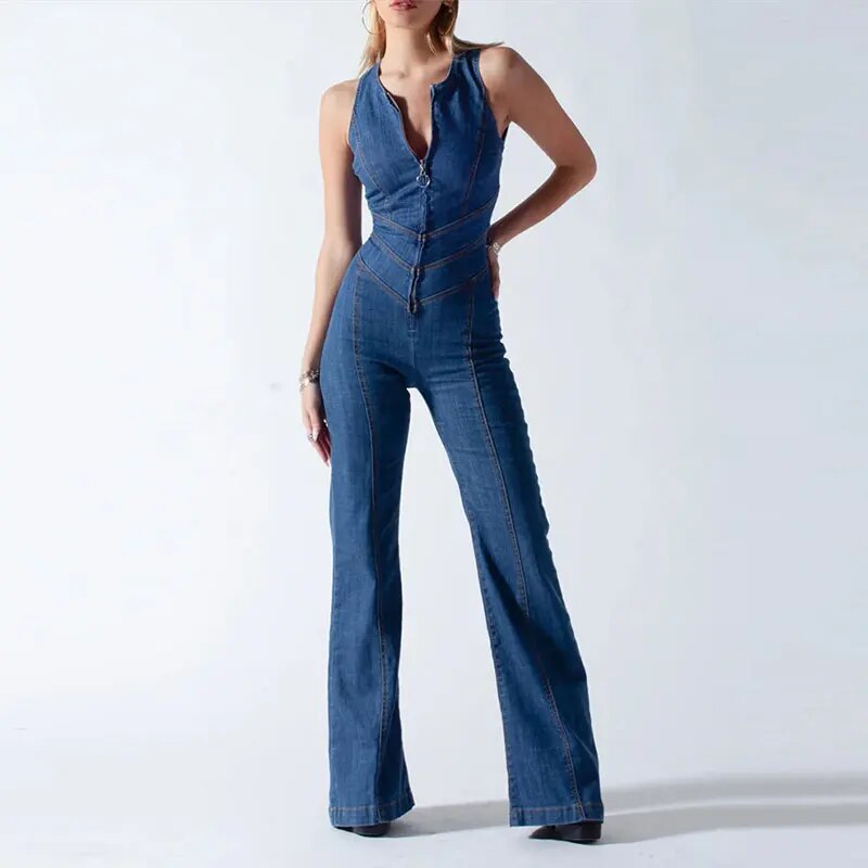 Ivyshape | Women's Blue Denim Jumpsuit Sleeveless