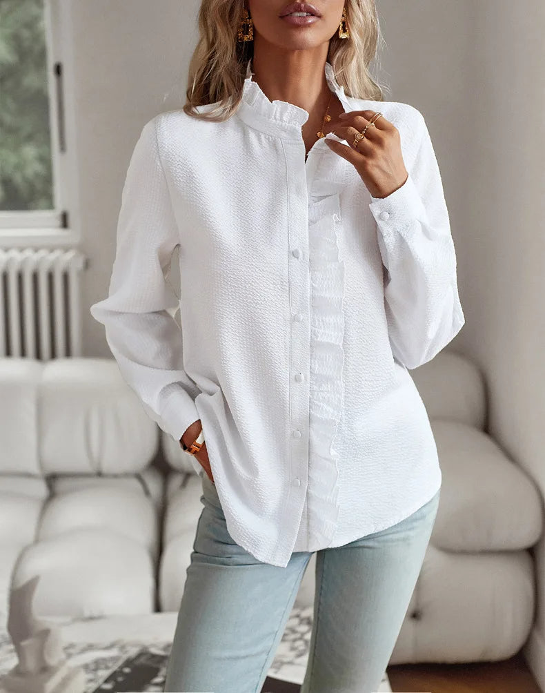 Ivyshape | Women's Ruffled Accent Polo Long Sleeves