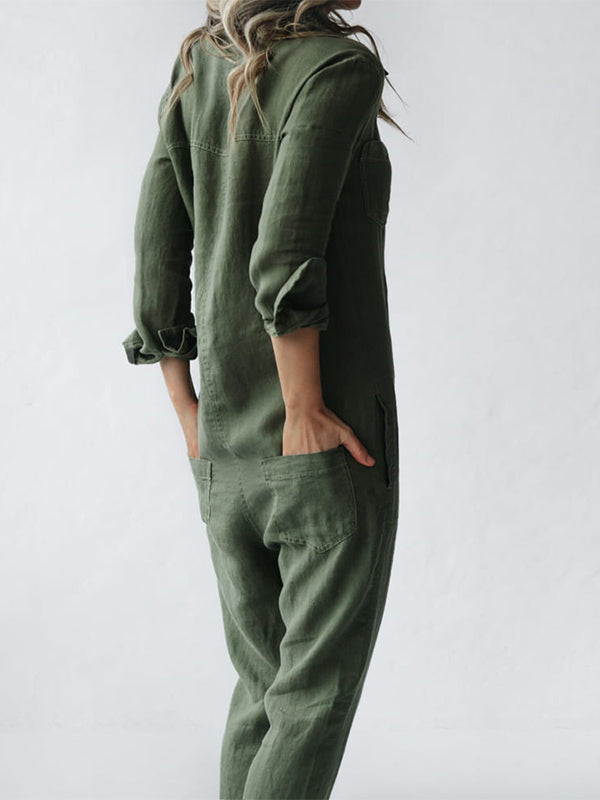 Ivyshape | Beatrix Button-up, Casual Long Sleeve Jumpsuit with Revers Pocket [Last Day Discount]